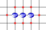 Three horizontally adjacent stones with their eight
		    liberties highlighted.
		  